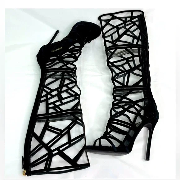 DSQUARED Black Strappy Geometric Knee-High Heeled Boots - Picture 3 of 10